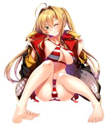 Rule 34 | 1girl, ;p, ahoge, barefoot, bikini, blonde hair, blush, breasts, cleavage, coat, criss-cross halter, earrings, fate/grand order, fate (series), full body, fur-trimmed coat, fur trim, green eyes, hair intakes, halterneck, highres, jewelry, kei (soundcross), large breasts, long hair, looking at viewer, navel, nero claudius (fate), nero claudius (fate) (all), nero claudius (swimsuit caster) (fate), one eye closed, open clothes, open coat, side-tie bikini bottom, simple background, sitting, smile, solo, spread legs, striped bikini, striped clothes, swimsuit, toes, tongue, tongue out, twintails, undressing, white background