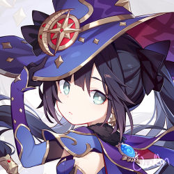 Rule 34 | 1girl, arm up, black gloves, black hair, blue eyes, blue hat, bow, breasts, cape, detached sleeves, earrings, floating hair, genshin impact, gloves, gold trim, hair bow, hat, jewelry, long hair, long sleeves, looking at viewer, mona (genshin impact), parted lips, quan (kurisu tina), solo, twintails, upper body, witch hat