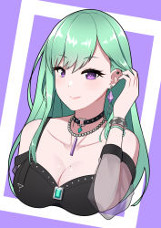 Rule 34 | 1girl, bare shoulders, bead necklace, beads, black choker, breasts, bustier, choker, cleavage, collarbone, ear piercing, earrings, gem, green hair, tucking hair, highres, jewelry, long hair, looking at viewer, medium breasts, mole, mole on breast, necklace, off-shoulder shirt, off shoulder, piercing, purple eyes, see-through, shirt, shoggoth 329, smile, solo, swept bangs, upper body, virtual youtuber, vspo!, yakumo beni, yakumo beni (1st costume)