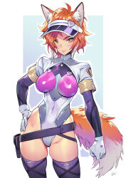 Rule 34 | 1girl, animal ears, blue background, breasts, commission, covered navel, cowboy shot, fox ears, fox girl, fox tail, gloves, grey leotard, hand on own hip, highleg, highleg leotard, highres, kitsune, leotard, looking at viewer, matsuda (matsukichi), medium breasts, messy hair, orange hair, original, pink leotard, pixiv commission, purple sleeves, purple thighhighs, see-through, see-through leotard, short hair, skindentation, solo, tail, thighhighs, two-tone background, two-tone leotard, visor cap, white background, white gloves, yellow eyes