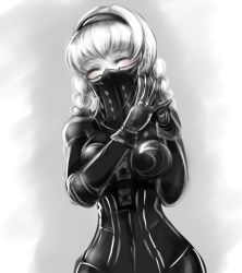 Rule 34 | 1girl, blush, breasts, covered face, eyelashes, closed eyes, gloves, greyscale, happy, karasuko, large breasts, monochrome, nier (series), nier:automata, operator 6o, own hands together, pale skin, simple background, solo