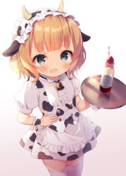 Rule 34 | 1girl, adapted costume, animal ears, animal print, apron, bell, blonde hair, blouse, blush, brown background, brown thighhighs, center frills, chitosezaka suzu, collared shirt, commentary request, cow ears, cow horns, cow print, drinking straw, fake animal ears, fake horns, fleur de lapin uniform, frilled apron, frilled hairband, frilled shirt, frills, gochuumon wa usagi desu ka?, gradient background, green eyes, hairband, hand on own hip, holding, holding tray, horns, kirima syaro, open mouth, pleated skirt, print hairband, print skirt, puffy short sleeves, puffy sleeves, shirt, short sleeves, skirt, solo, standing, thighhighs, tray, uniform, waist apron, waitress, white apron, white background, white hairband, white shirt, white skirt, wrist cuffs