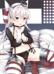 Rule 34 | 1girl, absurdres, amatsukaze (kancolle), black panties, blush, bow, bow panties, breasts, brown dress, brown eyes, collarbone, commentary request, dress, garter straps, gloves, groin, hair between eyes, hair tubes, hat, highres, kantai collection, legs, long hair, long sleeves, looking at viewer, mini hat, navel, nipples, on bed, open mouth, panties, pillow, red thighhighs, sailor dress, saliva, sexually suggestive, short dress, side-tie panties, silver hair, single glove, skindentation, solo, spread legs, squatting, striped clothes, striped thighhighs, suggestive fluid, sweat, sweatdrop, thighhighs, thighs, two side up, underwear, wet, white gloves, zetsuriinu (kairyougata)