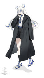 Rule 34 | 1girl, 3pel1, absurdres, belt, belt buckle, black coat, black shorts, black socks, blue belt, blue eyes, blue hair, blue necktie, blush, buckle, coat, collared shirt, crossed bangs, diagonal-striped clothes, diagonal-striped necktie, double bun, earclip, english text, full body, hair between eyes, hair bun, highres, multicolored hair, necktie, open clothes, open coat, original, shadow, shirt, shirt tucked in, shoes, shorts, signature, single sleeve past fingers, sleeves past wrists, smile, sneakers, socks, standing, standing on one leg, striped clothes, two-tone hair, two side up, white background, white footwear, white hair, white shirt