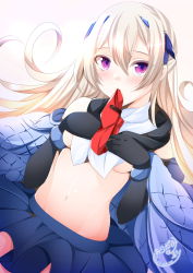 Rule 34 | 1girl, azur lane, black gloves, blue cape, blue skirt, blush, bracelet, breast suppress, breasts, cape, casablanca (azur lane), clothes lift, commentary request, crop top, dated, dutch angle, elbow gloves, gloves, groin, hair between eyes, hair ornament, half updo, highres, jewelry, long hair, looking at viewer, medium breasts, midriff, mouth hold, navel, necktie, off shoulder, origami aya, pleated skirt, purple eyes, red necktie, shirt, shirt lift, sidelocks, signature, silver hair, simple background, skirt, sleeveless, sleeveless shirt, solo, underboob, upper body, white shirt