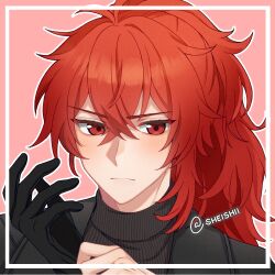 Rule 34 | 1boy, alternate costume, black gloves, black jacket, black sweater, closed mouth, diluc (genshin impact), genshin impact, gloves, highres, jacket, male focus, ponytail, red background, red eyes, red hair, sheishii, sweater, twitter username