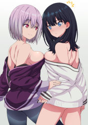 Rule 34 | 10s, 2girls, ^^^, asymmetrical docking, back, bare back, bare legs, bare shoulders, black hair, black pantyhose, blue eyes, blue legwear, blush, breast press, breasts, cardigan, closed mouth, commentary request, couple, ear blush, embarrassed, female focus, from behind, gradient background, grey background, gridman universe, hair between eyes, isse, jacket, large breasts, legs, light purple hair, long hair, long sleeves, looking at another, looking at viewer, looking back, medium breasts, multiple girls, naked cardigan, naked jacket, naked sweater, neck, no panties, off shoulder, pantyhose, purple jacket, red eyes, shinjou akane, short hair, shy, side-by-side, sideboob, sleeves past wrists, smile, ssss.gridman, standing, sweatdrop, sweater, takarada rikka, white cardigan, yuri