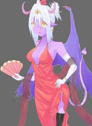Rule 34 | 1girl, absurdres, belted, belted dress, clasped dress, colored skin, dress, elegant, highres, limoria, moriana limudis, purple skin, red dress, tagme, thighhighs, tight dress, white hair, yellow eyes