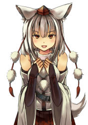 Rule 34 | 1girl, :d, animal ears, bare shoulders, black gloves, blush, bridal gauntlets, brown eyes, commentary request, detached sleeves, ears down, elbow gloves, fangs, gloves, hat, highres, inabi, inubashiri momiji, long sleeves, looking at viewer, open mouth, pleated skirt, pom pom (clothes), red skirt, short hair, simple background, skirt, smile, solo, standing, tail, tokin hat, touhou, white background, white hair, wolf ears, wolf tail