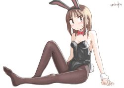 Rule 34 | 1girl, animal ears, artist name, black leotard, bow, bowtie, breasts, brown eyes, brown hair, brown pantyhose, cleavage, detached collar, fake animal ears, fishnet pantyhose, fishnets, leotard, looking at viewer, medium breasts, medium hair, okano kei, pantyhose, playboy bunny, rabbit ears, rabbit tail, red bow, red bowtie, simple background, solo, strapless, strapless leotard, tail, umiroku, v-shaped eyebrows, white background, wrist cuffs, yuyushiki