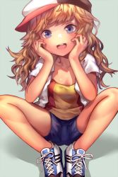 Rule 34 | 10s, 1girl, blonde hair, blue eyes, blush, collarbone, denchu (kazudentyu), hands on own cheeks, hands on own face, hat, highres, idolmaster, idolmaster cinderella girls, long hair, looking at viewer, ohtsuki yui, open mouth, shoes, short sleeves, shorts, sitting, smile, sneakers, solo, teeth
