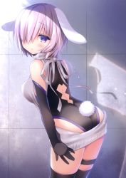 Rule 34 | 1girl, absurdres, animal ears, backless outfit, black gloves, black leotard, black thighhighs, character cutout, cowboy shot, dress, elbow gloves, fate/grand order, fate (series), gloves, grey vest, hair over one eye, highres, indoors, leaning forward, leotard, looking at viewer, mash kyrielight, meme attire, purple eyes, rabbit ears, rabbit tail, ribbed sweater, sasai saji, shadow, short hair, silver hair, solo, standing, sweater, sweater dress, tail, thigh strap, thighhighs, vest, virgin killer sweater
