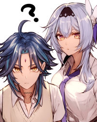Rule 34 | 1boy, 1girl, aqua hair, asymmetrical hair, black hairband, blue hair, breasts, closed mouth, commentary request, eula (genshin impact), facial mark, forehead mark, genshin impact, hair between eyes, hair ornament, hairband, highres, kokollet, large breasts, looking at viewer, multicolored hair, necktie, panties, purple necktie, shirt, simple background, sweater vest, twitter username, underwear, upper body, white background, white shirt, xiao (genshin impact)