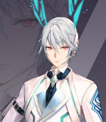 Rule 34 | 1boy, animal ears, blue necktie, closed mouth, cropped, fake animal ears, grey hair, hair between eyes, male focus, mt (ringofive), necktie, neckwear request, pouch, red eyes, solo, white rabbit (your name is alice), your name is alice, zoom layer