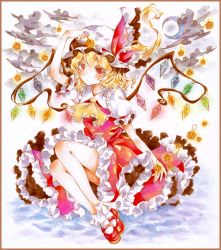 Rule 34 | 1girl, bad id, bad pixiv id, blonde hair, cloud, colored pencil (medium), crescent moon, flandre scarlet, frilled skirt, frills, gradient background, hat, hat ribbon, marker (medium), mary janes, mob cap, moon, potto, potto (minntochan), puffy short sleeves, puffy sleeves, red eyes, ribbon, shirt, shoes, short hair, short sleeves, side ponytail, skirt, solo, star (symbol), touhou, traditional media, vest, wings
