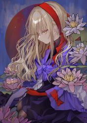 Rule 34 | 1girl, absurdres, blonde hair, blue background, blue cape, blue dress, blunt bangs, bow, cape, closed mouth, dress, flower, from side, gloves, hair ribbon, half-closed eyes, highres, holding hands, huge filesize, kneeling, long hair, looking down, lotus, omodaka romu, original, red bow, red gloves, red ribbon, ribbon, sidelocks, wavy hair