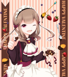 Rule 34 | 1boy, akaimo satsuma, apron, bow, brown hair, candy, chocolate, crossdressing, crown, dress, english text, fang, food, fruit, goma (11zihisin), hair bow, long hair, maid, maid apron, maid headdress, male focus, open mouth, pink eyes, ribbon, skirt, smile, solo, trap, twintails, valentine, wink