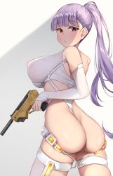 Rule 34 | 1girl, absurdres, phantom (last origin), ass, bare shoulders, breasts, character request, covered erect nipples, elbow gloves, fingerless gloves, from behind, gloves, gun, highres, holding, holding gun, holding weapon, large breasts, last origin, lomocya, long hair, looking at viewer, ponytail, purple hair, red eyes, revealing clothes, simple background, solo, weapon, white background, white gloves