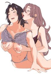 Rule 34 | 2girls, absurdres, assertive female, blush, breasts, breasts out, brown hair, clothing aside, couple, ear licking, earrings, eyelashes, grabbing, grabbing another&#039;s breast, grabbing from behind, green eyes, highres, jewelry, large breasts, licking, long hair, makeup, mori chizuru, multiple girls, nipple stimulation, nipple tweak, nipples, open mouth, original, osg pk, police and lady, puffy nipples, reach-around, saliva, short hair, simple background, sweat, teeth, tongue, tongue out, torikai emma, underwear, underwear only, white background, yuri