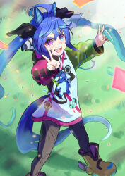 Rule 34 | 1girl, ahoge, animal ears, black pantyhose, blue eyes, blue hair, blush, boots, closed mouth, commentary request, crossed bangs, double v, flower, foot out of frame, full body, grass, harakomeshi, heterochromia, highres, hood, hood down, hoodie, horse ears, horse girl, horse tail, long sleeves, looking at viewer, open mouth, outdoors, pantyhose, purple eyes, sharp teeth, smile, solo, speech bubble, spoken number, stuffed animal, stuffed rabbit, stuffed toy, tail, teeth, twin turbo (umamusume), twintails, umamusume, upper teeth only, v, yellow flower, yellow footwear