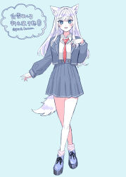 Rule 34 | 1girl, absurdres, animal ears, blue background, blue eyes, blue footwear, blush, cat ears, cat girl, cat tail, collared shirt, commentary request, crossed legs, dated, full body, grey jacket, grey skirt, hand up, highres, jacket, long hair, looking at viewer, necktie, noripro, open mouth, pleated skirt, red necktie, school uniform, shirayuki mishiro, shirt, simple background, skirt, smile, solo, standing, tail, translation request, twitter username, virtual youtuber, white hair, white shirt, yuri kyanon