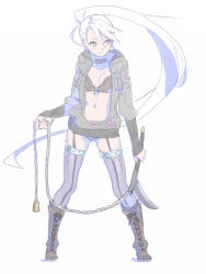 Rule 34 | 1girl, boots, bra, breasts, brown footwear, choker, closed mouth, contrapposto, cross-laced footwear, enkyo yuuichirou, female focus, full body, garter straps, grey thighhighs, highres, hisho collection, holding, holding weapon, hood, hood down, hooded jacket, jacket, legs apart, long hair, looking to the side, navel, open clothes, open jacket, panties, ponytail, purple choker, purple panties, simple background, smile, solo, spread legs, standing, thighhighs, underwear, very long hair, weapon, white background, white hair, yellow eyes