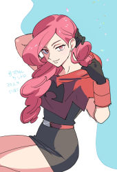Rule 34 | 1girl, alternate costume, black gloves, cosplay, creatures (company), curly hair, dated, game freak, gloves, hood, hood down, long hair, looking at viewer, nibo (att 130), nintendo, one-hour drawing challenge, pokemon, pokemon rse, red eyes, red hair, shelly (pokemon), simple background, smile, solo, team aqua, team magma grunt, team magma grunt (cosplay), team magma uniform