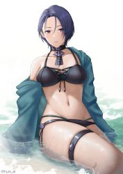 Rule 34 | 1girl, absurdres, arms at sides, asymmetrical hair, bikini, black bikini, blush, breasts, choker, collarbone, eyebrows, female focus, fire emblem, fire emblem: three houses, furo atsushi, hair between eyes, highres, huge filesize, medium breasts, multi-strapped bikini, navel, nintendo, parted bangs, parted lips, partially submerged, purple eyes, purple hair, shamir nevrand, short hair, sitting, solo, sparkle, swimsuit, thigh strap, thighs, water, water drop, wet, wet hair, white background