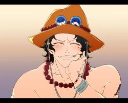 Rule 34 | 1boy, ^ ^, black hair, bracelet, closed eyes, freckles, gradient background, hand on own cheek, hand on own face, jewelry, letterboxed, male focus, necklace, one piece, orange headwear, short hair, smile, solo, topless male, upper body, yorozu rkgk m