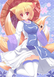 Rule 34 | 1girl, animal ears, ankle cuffs, blonde hair, breasts, diamond (shape), dress, flower, fox ears, fox tail, head tilt, highres, large breasts, liya, long sleeves, looking at viewer, multiple tails, no headwear, no headwear, oil-paper umbrella, parted lips, patterned background, red eyes, ribbon, short hair, solo, tabard, tail, thighhighs, touhou, umbrella, white thighhighs, yakumo ran