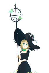 Rule 34 | 1girl, animal, aqua eyes, bird, black dress, black hat, blonde hair, choker, chromatic aberration, closed mouth, cowboy shot, dress, green bird, green choker, green eyes, hair ornament, hand up, hat, highres, holding, holding staff, large hat, leaf, loftyanchor, long sleeves, looking at animal, looking up, low ponytail, magic, original, parted hair, short hair, short ponytail, simple background, sleeves past elbows, smile, solo, split mouth, staff, white background, witch, witch hat