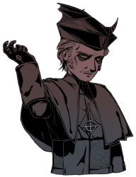 Rule 34 | 1boy, cardinal, closed mouth, cropped legs, erumil, facial hair, ghost (band), gloves, green eyes, hair slicked back, hand up, hat, heterochromia, jewelry, logo, makeup, male focus, mustache, papa emeritus iv, robe, short hair, sideburns, solo, spot color, standing, upper body, white eyes