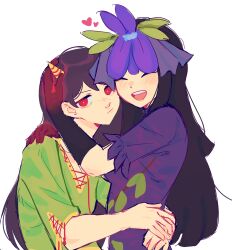Rule 34 | 2girls, black gloves, black hair, blush, china dress, chinese clothes, closed eyes, closed mouth, dress, flower, flower on head, gloves, green shirt, highres, horns, jess (p2eocene), long hair, multiple girls, nippaku zanmu, oni horns, open mouth, purple dress, purple flower, red eyes, shirt, short sleeves, simple background, smile, touhou, unfinished dream of all living ghost, vine print, white background, yomotsu hisami