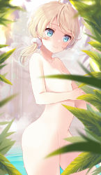Rule 34 | 1girl, areola slip, bathroom, blonde hair, blue eyes, blush, breasts, closed mouth, completely nude, convenient censoring, esia mariveninne, hair ornament, hair scrunchie, indoors, komone ushio, leaf, long hair, low ponytail, nude, original, petite, plant, scrunchie, small breasts, smile, solo, steam, swept bangs, wading, water