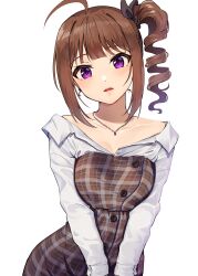 ahoge breasts brown_hair dress highres idolmaster idolmaster_million_live! idolmaster_million_live!_theater_days jewelry kamille_(vcx68) large_breasts long_hair looking_at_viewer necklace purple_eyes shirt side_ponytail white_background yokoyama_nao