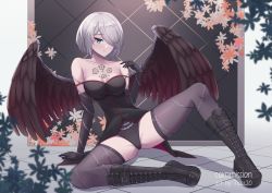 Rule 34 | 1girl, arm support, artist name, bare shoulders, black footwear, black gloves, blue eyes, boots, breast tattoo, breasts, brown wings, chain, character request, collarbone, commission, elbow gloves, feathered wings, full body, gloves, hair over one eye, highres, jisas, leaf, medium breasts, pale skin, short hair, solo, spread legs, tattoo, thighhighs, thighs, white hair, wings