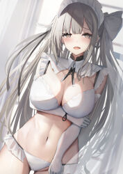 Rule 34 | 1girl, :d, arm under breasts, blush, bra, breasts, cleavage, commentary request, elbow gloves, frills, gloves, grey eyes, grey hair, large breasts, liya, long hair, maid, maid headdress, navel, open mouth, original, panties, smile, solo, stomach, underwear, white bra, white gloves, white headwear, white panties