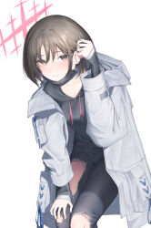Rule 34 | 1girl, absurdres, black hair, black hoodie, black mask, black pants, blue archive, blush, grey jacket, halo, hand on own knee, highres, hood, hoodie, jacket, looking at viewer, mask, mask pull, misaki (blue archive), mouth mask, pants, r oot, red eyes, simple background, solo, torn clothes, torn pants, white background
