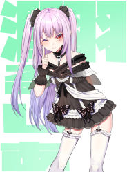Rule 34 | 1girl, arm behind back, bare shoulders, black bow, black dress, blush, bow, bridal garter, closed mouth, collarbone, commentary request, dress, frills, garter straps, green background, hair ornament, highres, hololive, lolita fashion, long hair, looking at viewer, mikan (chipstar182), off shoulder, one eye closed, pink hair, purple hair, red eyes, ribbon-trimmed legwear, ribbon trim, skull, smile, solo, thighhighs, twintails, two side up, uruha rushia, uruha rushia (3rd costume), very long hair, virtual youtuber, white background, white thighhighs