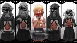 Rule 34 | 5girls, alternate costume, blonde hair, blood, bloody tears, blue eyes, bow, bowtie, breast pocket, censored, chromatic aberration, commentary, covered face, covered mouth, crossed out, dress shirt, english commentary, english text, flower, gawr gura, glowing, glowing eyes, hh (hehexd06161704), highres, holding, holding flower, holding photo, holding pocket watch, hololive, hololive english, hololive error, holomyth, identity censor, iei, long hair, looking at viewer, mori calliope, multiple girls, ninomae ina&#039;nis, odd one out, partially colored, photo (object), plaid, plaid bow, plaid bowtie, plaid skirt, pocket, pocket watch, portrait (object), school uniform, scribble, serafuku, shirt, short hair, skirt, spider lily, takanashi kiara, two side up, virtual youtuber, watch, watson amelia, white shirt