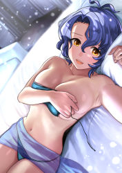 Rule 34 | 1girl, absurdres, antenna hair, armpits, bad id, bad pixiv id, bed, blue hair, bra, breast hold, breasts, collarbone, commentary request, covering privates, covering breasts, hair between eyes, hanamasa ono, head on pillow, highres, idolmaster, idolmaster million live!, idolmaster million live! theater days, indoors, large breasts, looking at viewer, lying, navel, on back, on bed, open bra, open mouth, short hair, solo, toyokawa fuka, underwear, open bra, wavy hair, yellow eyes