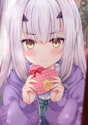 Rule 34 | 1girl, blush, candy, chocolate, chocolate heart, commentary, melusine (fate), fate/grand order, fate (series), food, frown, grey hair, heart, highres, holding, holding chocolate, holding food, jacket, long hair, rioshi, yellow eyes