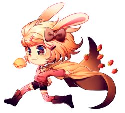 Rule 34 | 1girl, animal ears, black shorts, blonde hair, boots, bow, bow legwear, bowtie, brown bow, brown cape, brown eyes, brown footwear, cape, chibi, closed mouth, commentary, commission, english commentary, food, fruit, full body, ghost, hair bow, hair ornament, hairclip, lace, lace-trimmed thighhighs, light blush, long sleeves, looking ahead, lowres, original, outline, pink bow, pink bowtie, pink sleeves, pink sweater, pink thighhighs, polka dot bowtie, polka dot thighhighs, rabbit ears, rabbit tail, ringed eyes, running, satchely, short hair, shorts, single bare shoulder, smile, solo, strawberry, sweater, tail, thighhighs, traditional bowtie, transparent background, v-neck, white outline