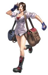Rule 34 | 1girl, ;d, bag, blue bag, blue gloves, boots, breasts, brown bag, brown eyes, brown hair, buttons, cleavage, collared shirt, denim, denim shorts, fingerless gloves, full body, gloves, highres, junny, kazama asuka, large breasts, looking at viewer, namco, official art, one eye closed, open mouth, partially unbuttoned, salute, shirt, short hair, short shorts, short sleeves, shorts, shoulder bag, simple background, smile, solo, star (symbol), strapless, suspender shorts, suspenders, tekken, tekken 7, tube top, walking, white background, white shirt