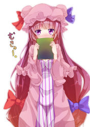 Rule 34 | 1girl, book, bow, covering own mouth, dress, female focus, hair bow, hat, long hair, low-tied long hair, patchouli knowledge, purple eyes, purple hair, simple background, solo, striped clothes, striped dress, touhou, vertical stripes, white background, yuki usagi (snowcanvas)