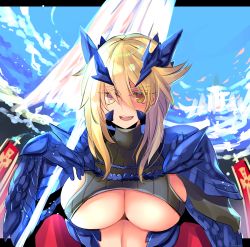Rule 34 | 1girl, armor, artoria pendragon (fate), artoria pendragon (lancer alter) (fate), blonde hair, breasts, fate/grand order, fate (series), gauntlets, hair between eyes, horns, large breasts, letterboxed, long hair, looking at viewer, midriff, parted lips, pauldrons, putimaxi, shoulder armor, smile, solo, underboob, upper body, yellow eyes