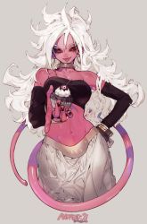 Rule 34 | 1girl, android 21, bangle, black sclera, bracelet, breasts, cleavage, colored sclera, colored skin, cupcake, detached sleeves, dragon ball, dragon ball fighterz, fangs, food, hand on own hip, harem pants, highres, jewelry, large breasts, long hair, looking at viewer, majin android 21, messy hair, nail polish, navel, neck ring, pants, pigeon666, pink skin, pointy ears, red eyes, silver hair, solo, stomach, strapless, toned, tube top