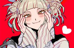 Rule 34 | 1girl, bags under eyes, blonde hair, blunt bangs, blush, boku no hero academia, cardigan, double bun, fangs, fangs out, hair bun, hands on own cheeks, hands on own face, heart, highres, long sleeves, messy hair, open mouth, red background, short hair, sidelocks, simple background, sleeves past wrists, slit pupils, smile, solo, toga himiko, yellow eyes, yumei (jigoku101)