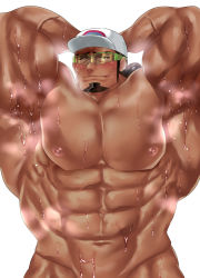 Rule 34 | 1boy, abs, armpits, blush, brown hair, creatures (company), facial hair, game freak, glasses, hat, highres, kukui (pokemon), male focus, muscular, naughty face, nintendo, nipples, pectorals, pokemon, pokemon sm, skn nk, solo, steam, sweat