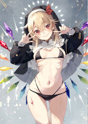 Rule 34 | 1girl, bikini, black bikini, blonde hair, double v, flandre scarlet, groin, habit, hat, highres, looking at viewer, open clothes, red eyes, smile, solo, swimsuit, tetsurou (fe+), touhou, v, wings